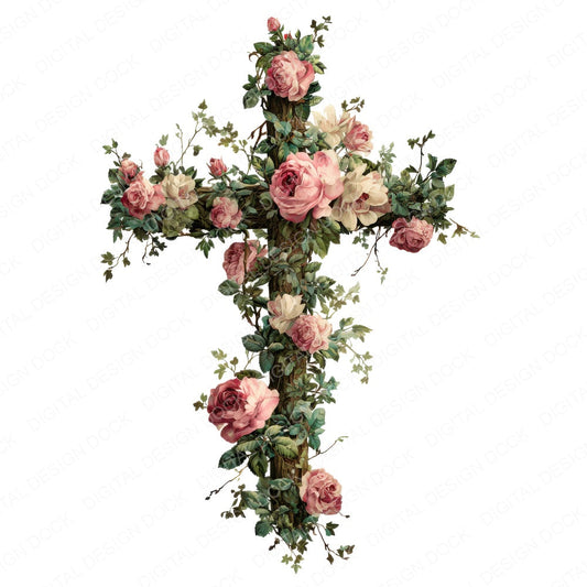 Cross with Pink Roses fussy cut sheet in US Letter format showing all 12 designs on one printable page