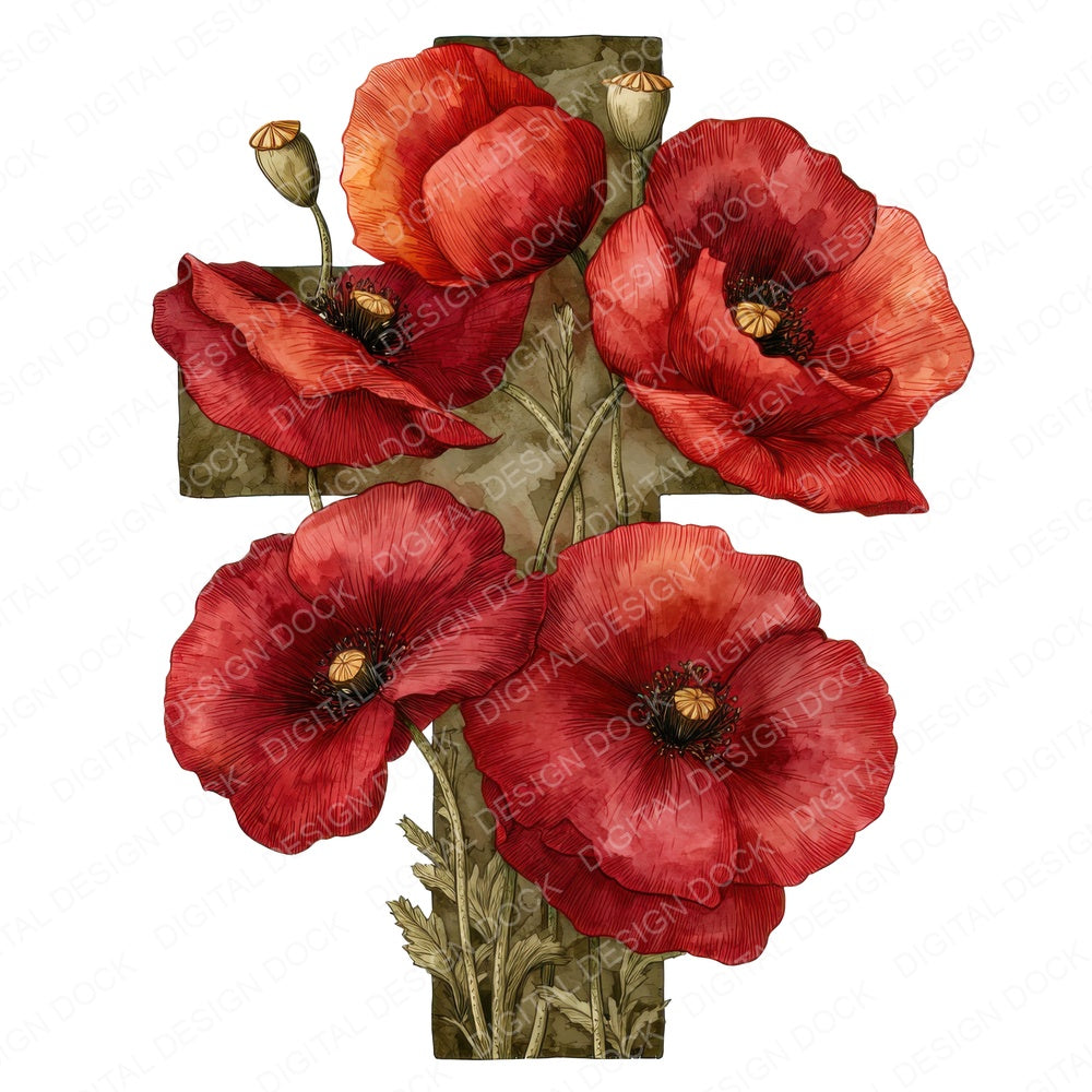 Cross with Red Poppies fussy cut sheet in US Letter format showing all 12 designs on one printable page