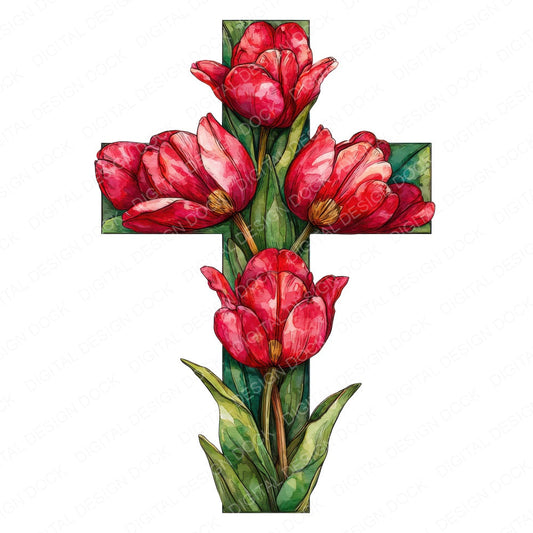 Cross with Red Tulips fussy cut sheet in A4 format showing all 12 designs on one printable page