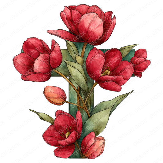 Cross with Red Tulips fussy cut sheet in US Letter format showing all 12 designs on one printable page