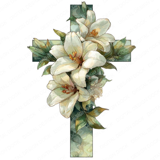 Cross with White Lilies fussy cut sheet in A4 format showing all 12 designs on one printable page