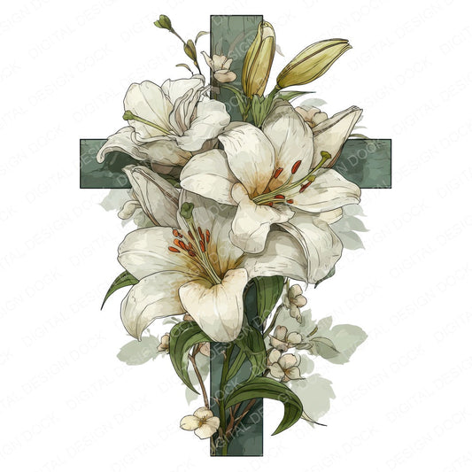 Cross with White Lilies fussy cut sheet in US Letter format showing all 12 designs on one printable page