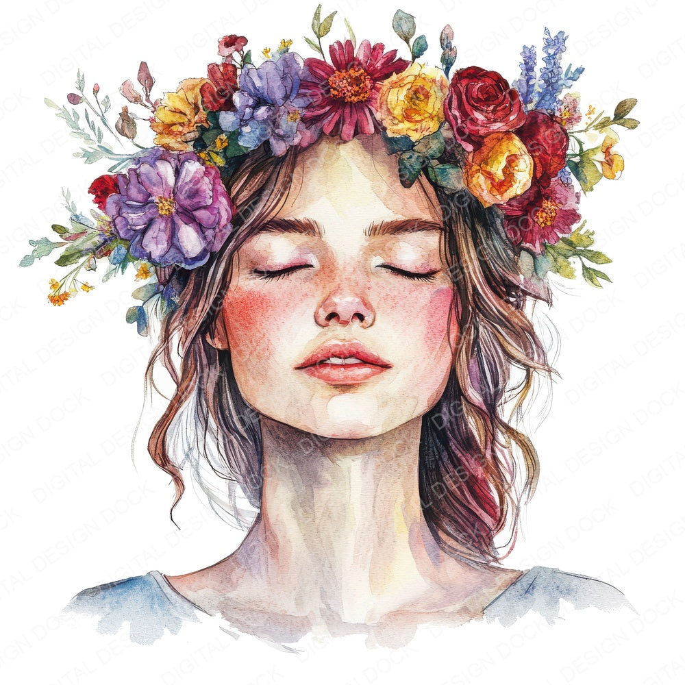 Crowned Floral Woman fussy cut sheet in US Letter format showing all 12 designs on one printable page