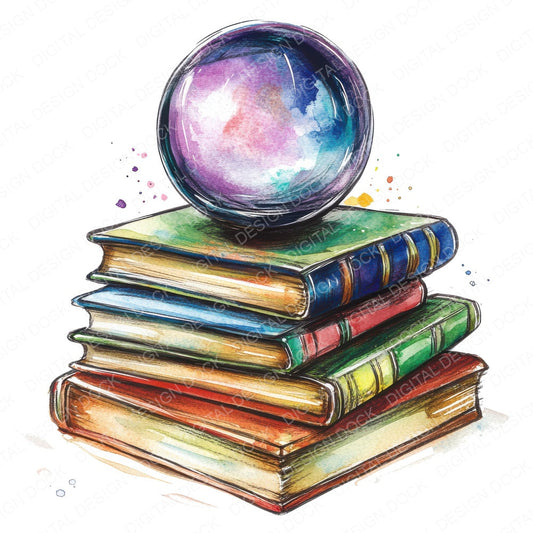 Crystal Ball and Books fussy cut sheet in US Letter format showing all 12 designs on one printable page