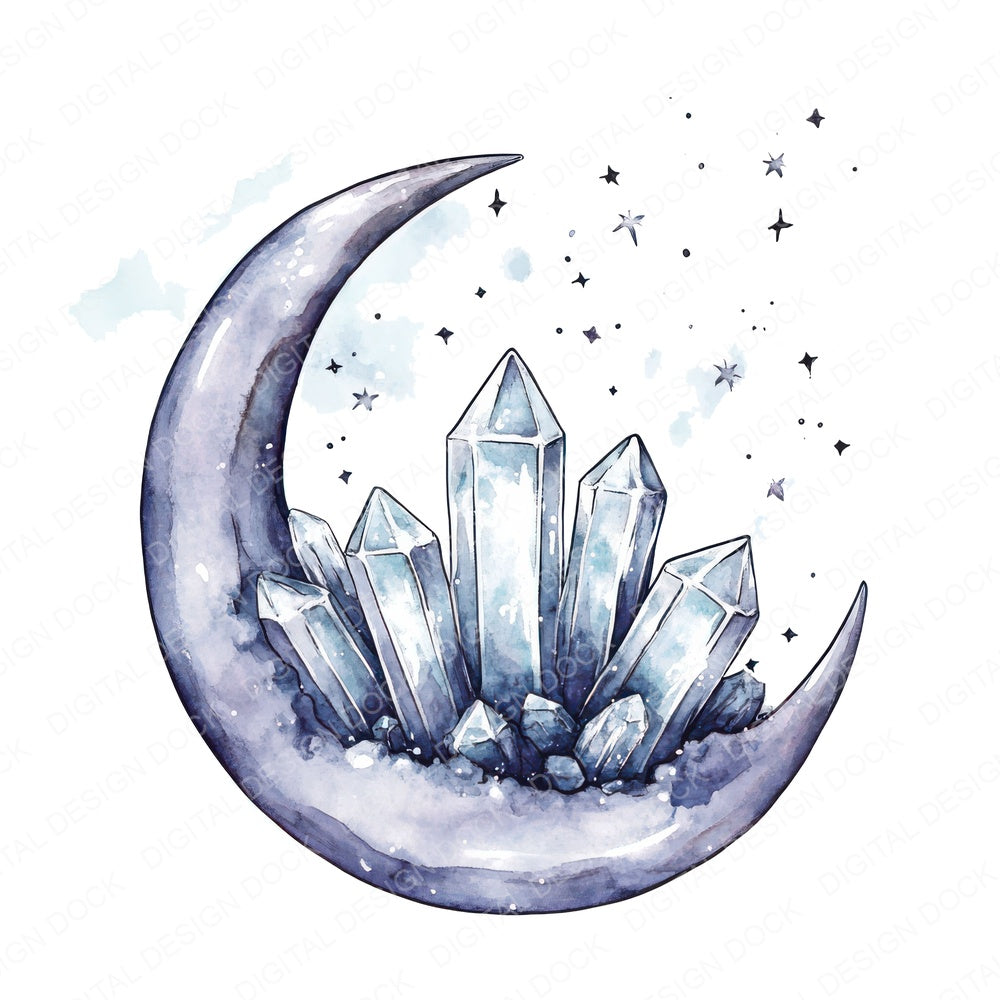 Crystals on Crescent Moon fussy cut sheet in A4 format showing all 12 designs on one printable page