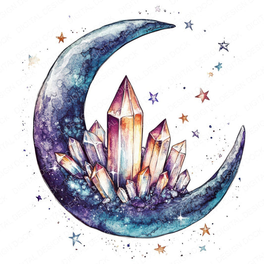 Crystals on Crescent Moon fussy cut sheet in US Letter format showing all 12 designs on one printable page