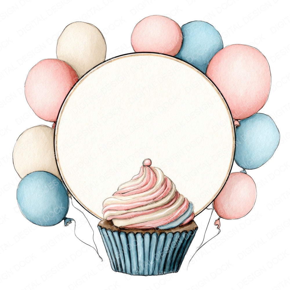 Cupcake Balloon Frame fussy cut sheet in US Letter format showing all 12 designs on one printable page
