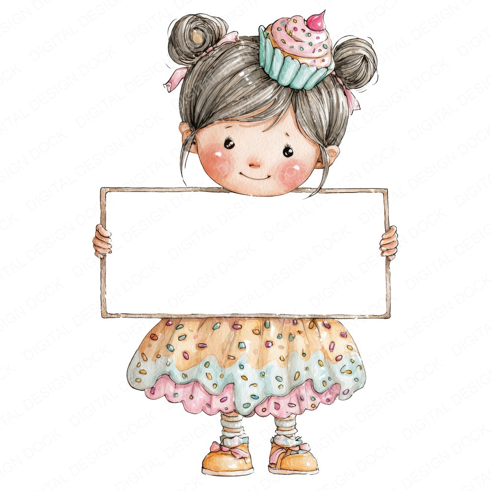Cupcake Girl with Banner fussy cut sheet in A4 format showing all 12 designs on one printable page
