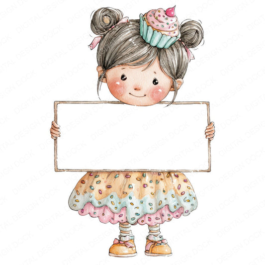 Cupcake Girl with Banner fussy cut sheet in A4 format showing all 12 designs on one printable page