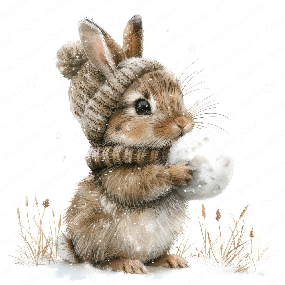 Cute Bunny making a Snowball fussy cut sheet in A4 format showing all 12 designs on one printable page