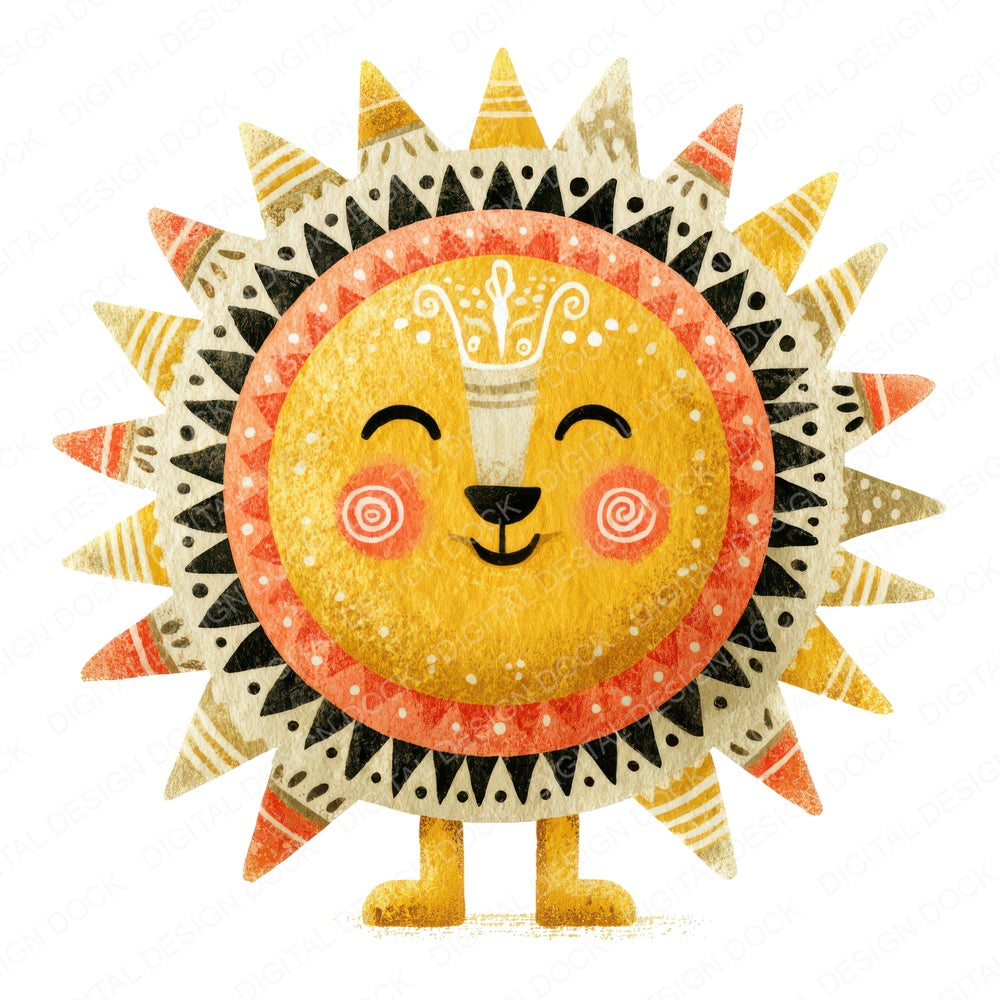 Cute Folk Art Sun Character fussy cut sheet in A4 format showing all 12 designs on one printable page