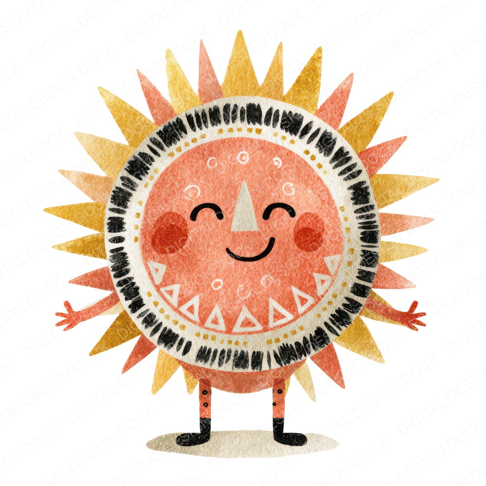 Cute Folk Art Sun Character fussy cut sheet in US Letter format showing all 12 designs on one printable page