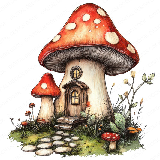 Cute Mushroom House fussy cut sheet in A4 format showing all 12 designs on one printable page