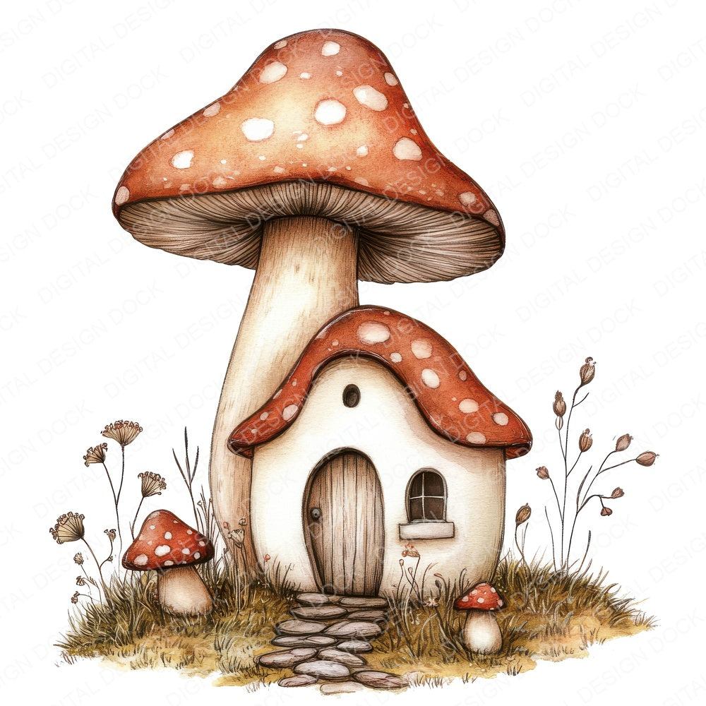 Cute Mushroom House fussy cut sheet in US Letter format showing all 12 designs on one printable page