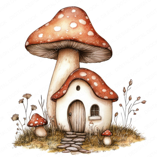 Cute Mushroom House fussy cut sheet in US Letter format showing all 12 designs on one printable page