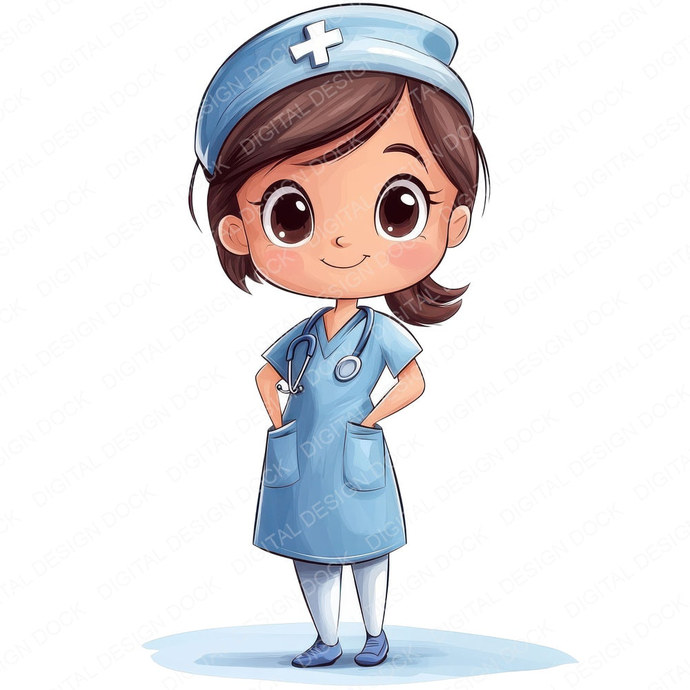 Cute Nurse Character fussy cut sheet in A4 format showing all 12 designs on one printable page