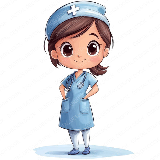 Cute Nurse Character fussy cut sheet in A4 format showing all 12 designs on one printable page
