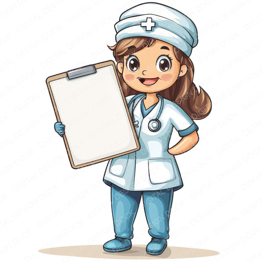 Cute Nurse Holding Blank Clipboard fussy cut sheet in A4 format showing all 12 designs on one printable page