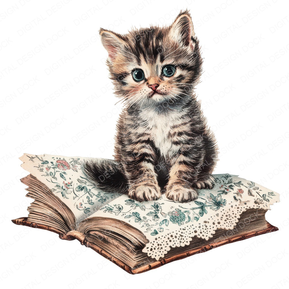 Cute Victorian Kitten on Book fussy cut sheet in A4 format showing all 12 designs on one printable page