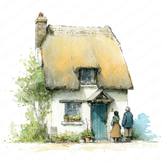 Cute Watercolour Cottage Old Couple fussy cut sheet in A4 format showing all 12 designs on one printable page