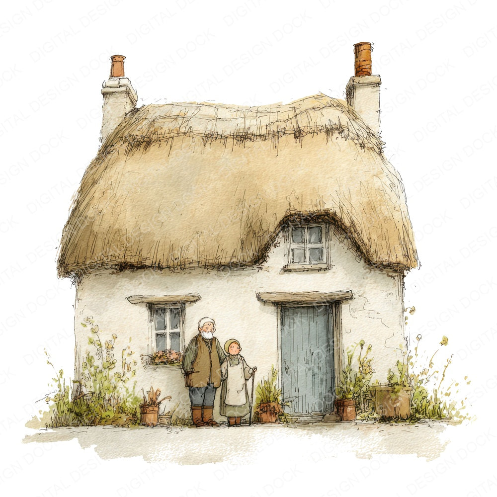 Cute Watercolour Cottage Old Couple fussy cut sheet in US Letter format showing all 12 designs on one printable page
