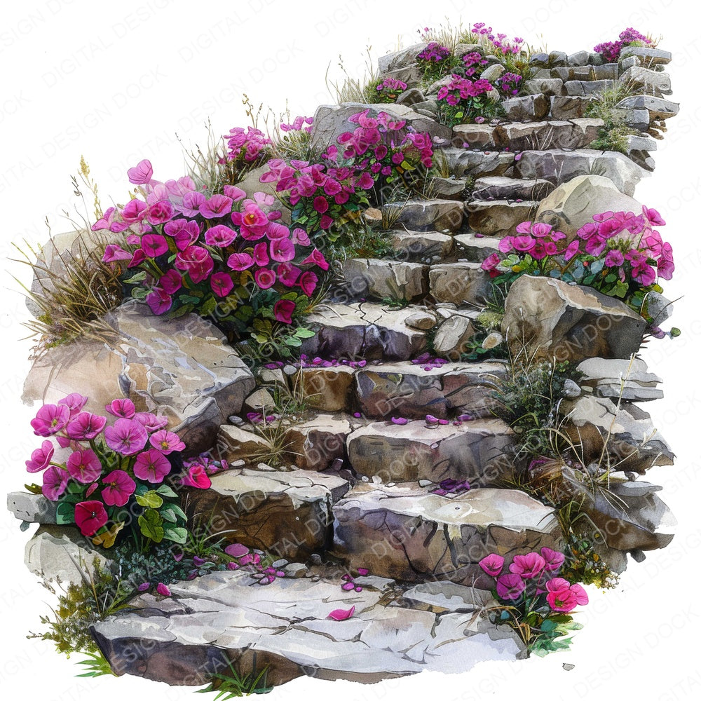 Cyclamen Flowers Stone Stairway fussy cut sheet in A4 format showing all 12 designs on one printable page