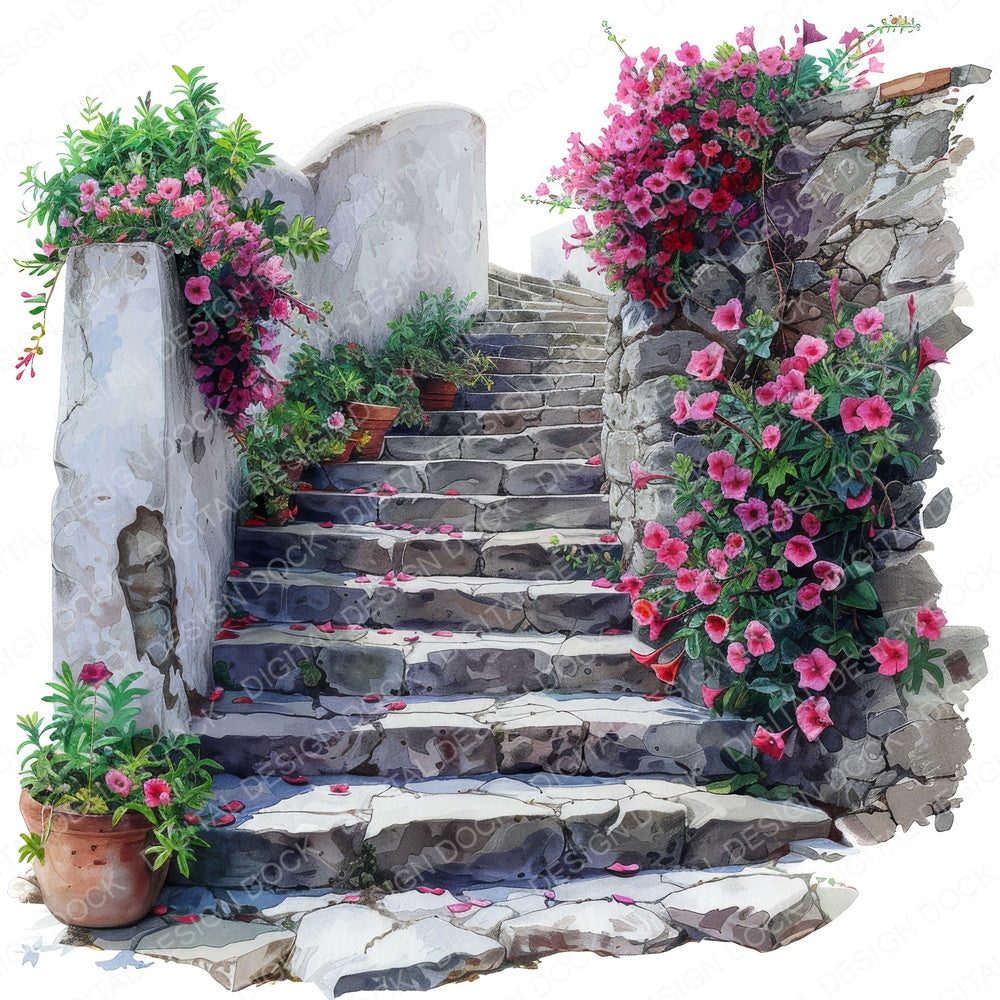 Cyclamen Flowers Stone Stairway fussy cut sheet in US Letter format showing all 12 designs on one printable page