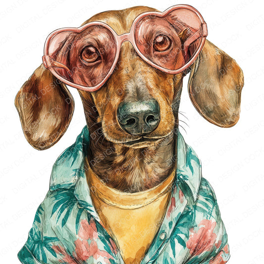Dachshund in Sunglasses fussy cut sheet in A4 format showing all 12 designs on one printable page