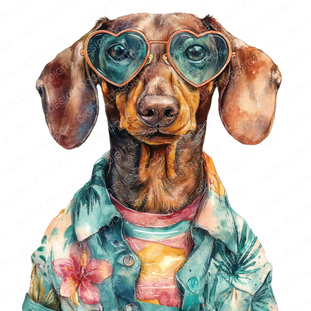 Dachshund in Sunglasses fussy cut sheet in US Letter format showing all 12 designs on one printable page