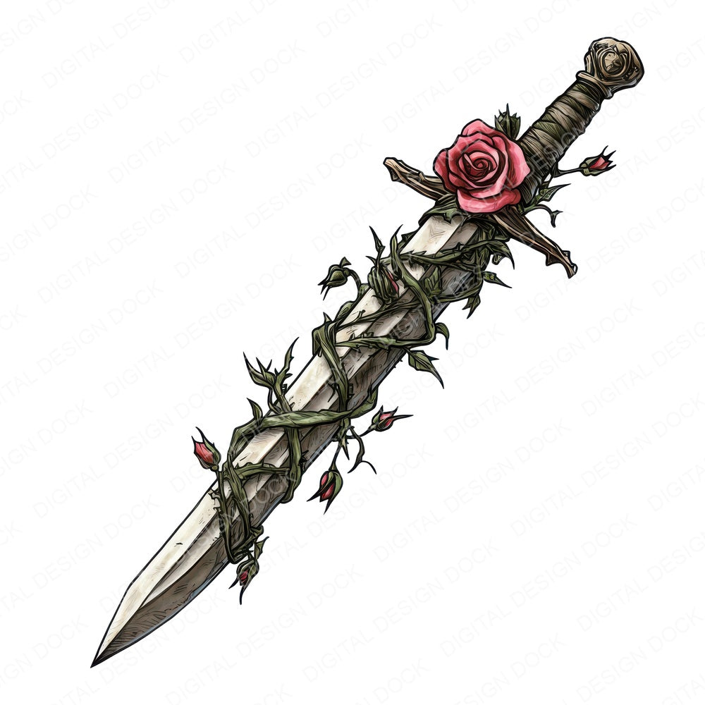 Dagger Wrapped in Roses fussy cut sheet in A4 format showing all 12 designs on one printable page