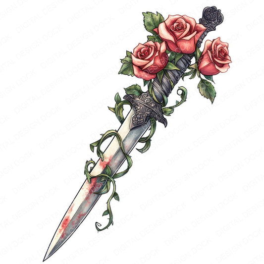 Dagger Wrapped in Roses fussy cut sheet in US Letter format showing all 12 designs on one printable page