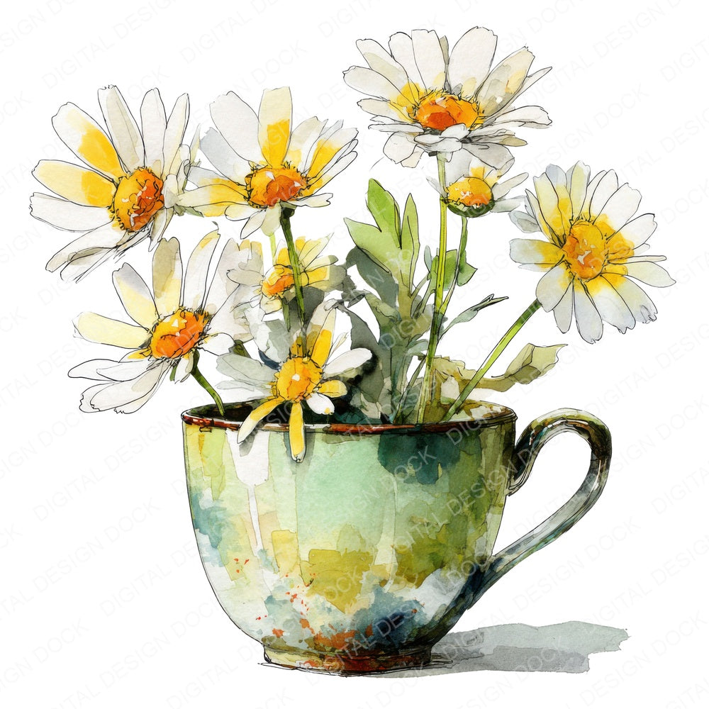 Daisy Teacup fussy cut sheet in A4 format showing all 12 designs on one printable page