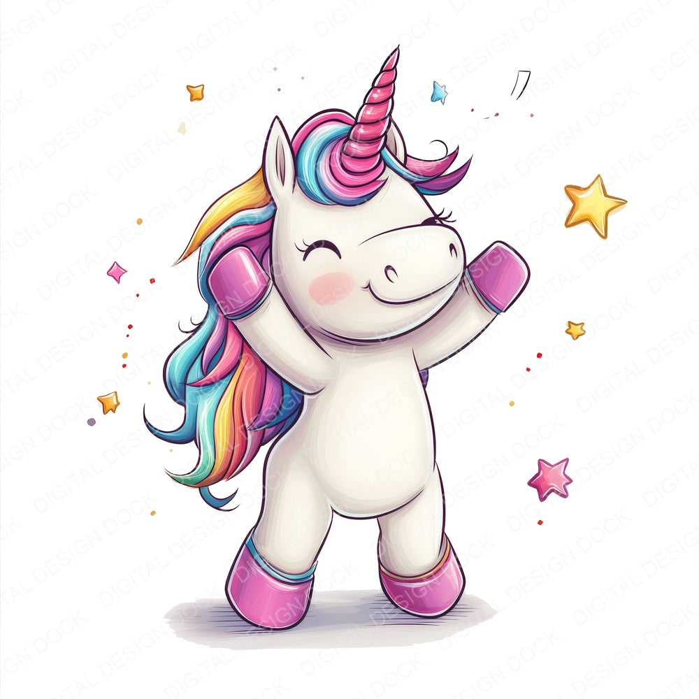 Dancing Unicorn fussy cut sheet in A4 format showing all 12 designs on one printable page