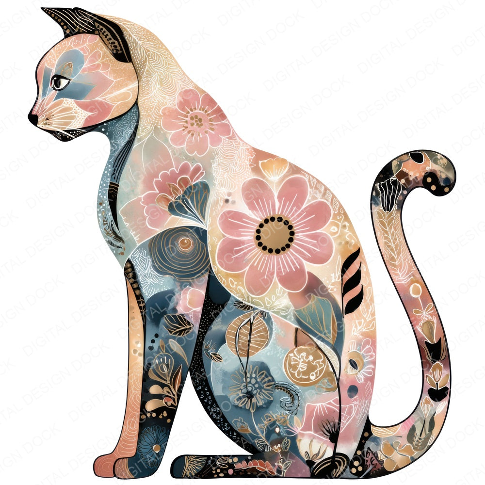 Decorative Floral Cat fussy cut sheet in A4 format showing all 12 designs on one printable page