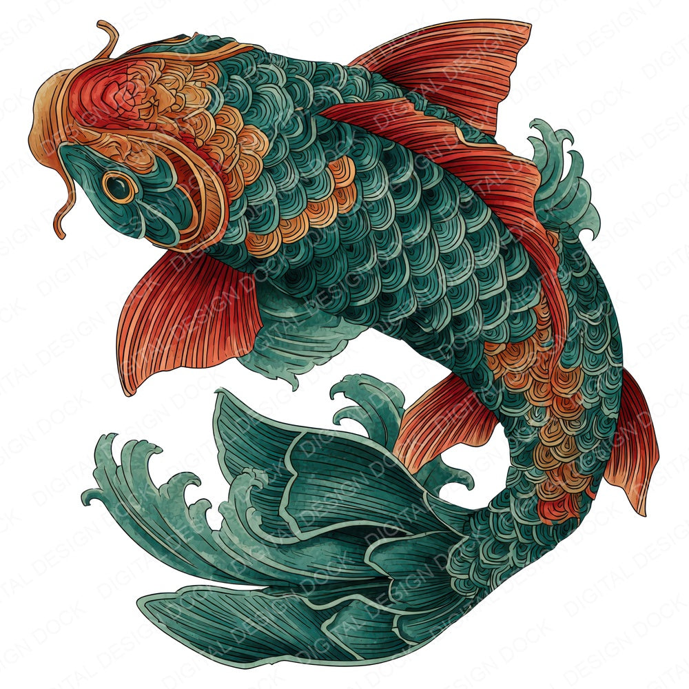 Decorative Folk Koi Carp fussy cut sheet in A4 format showing all 12 designs on one printable page