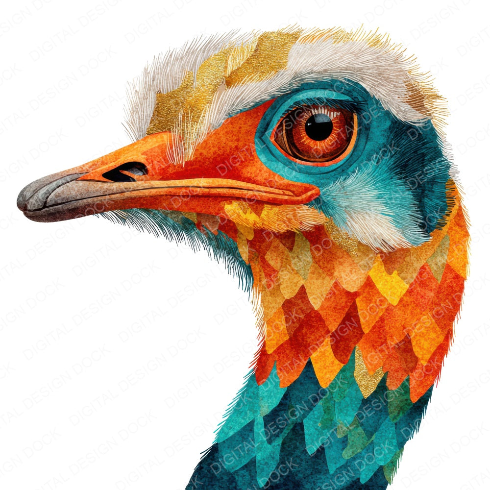 Decorative Ostrich Portrait fussy cut sheet in A4 format showing all 12 designs on one printable page