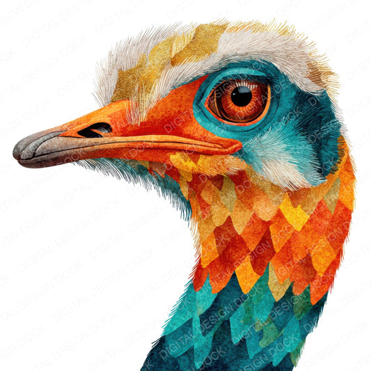 Decorative Ostrich Portrait fussy cut sheet in A4 format showing all 12 designs on one printable page