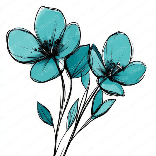 Deep Teal Abstract Flowers fussy cut sheet in A4 format showing all 12 designs on one printable page