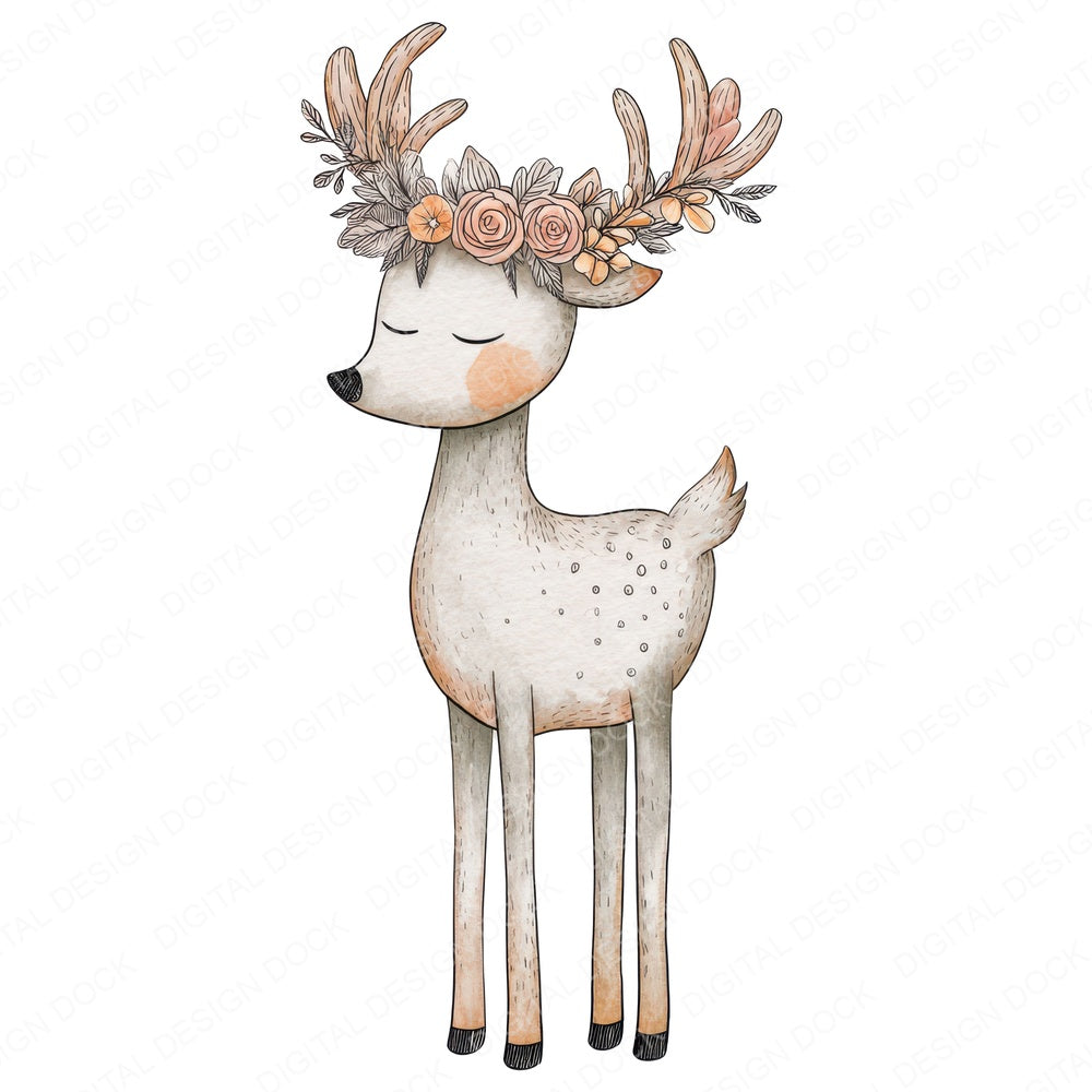 Deer Wearing Flower Crown fussy cut sheet in A4 format showing all 12 designs on one printable page