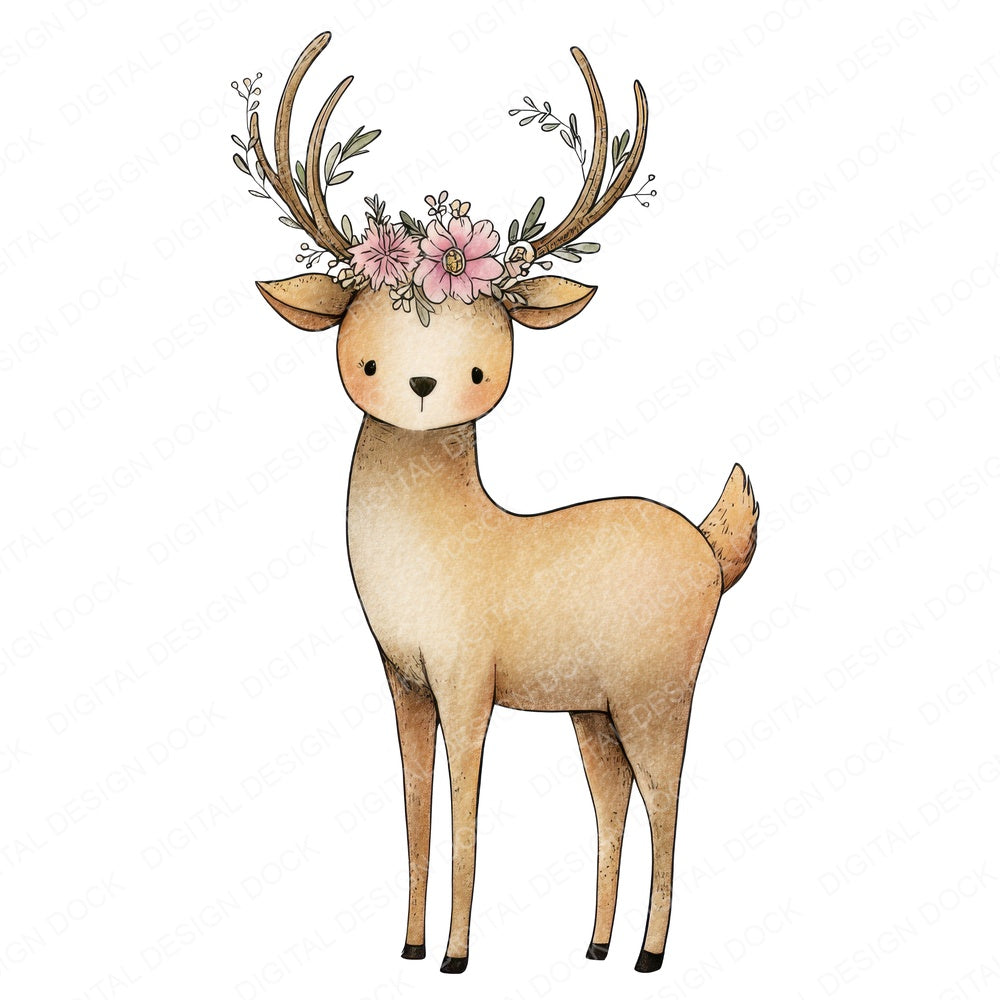 Deer Wearing Flower Crown fussy cut sheet in US Letter format showing all 12 designs on one printable page
