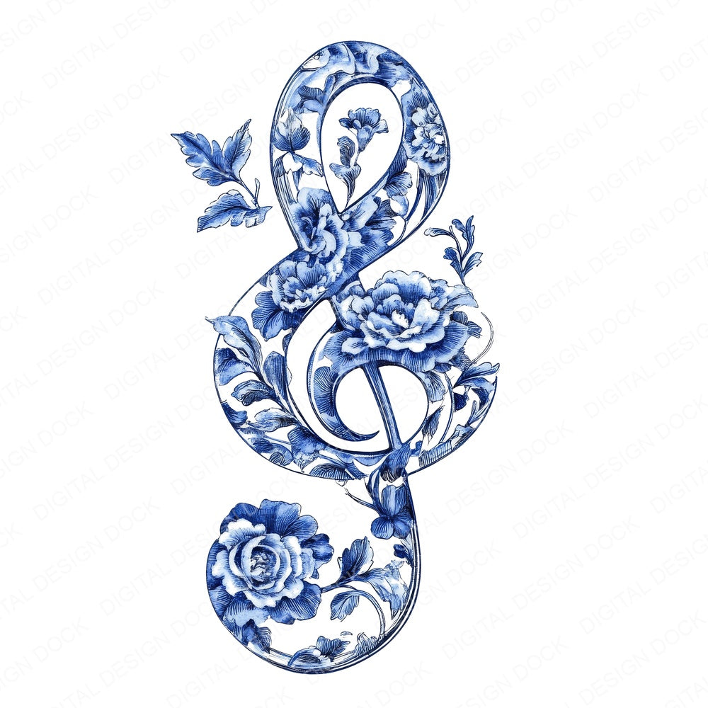 Delft Blue Music Clef fussy cut sheet in A4 format showing all 12 designs on one printable page