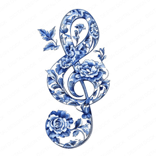 Delft Blue Music Clef fussy cut sheet in A4 format showing all 12 designs on one printable page