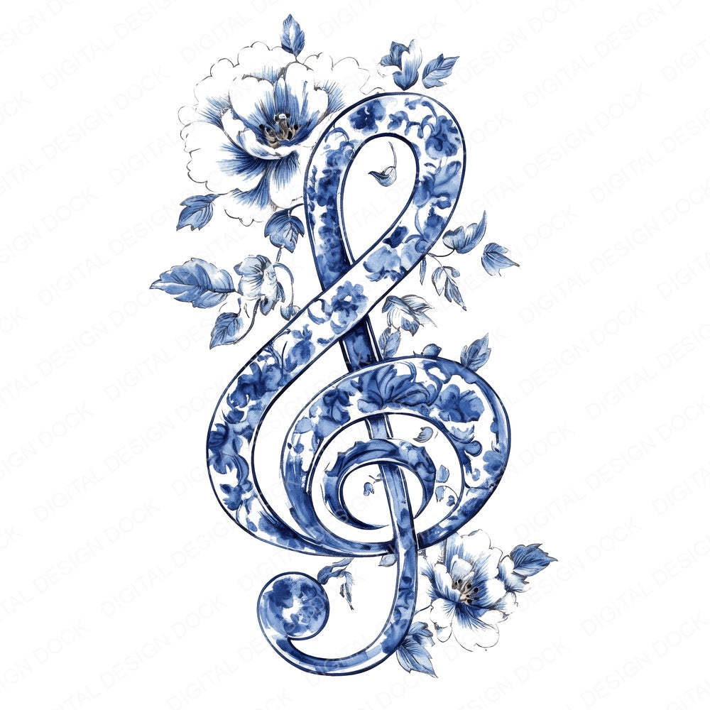 Delft Blue Music Clef fussy cut sheet in US Letter format showing all 12 designs on one printable page