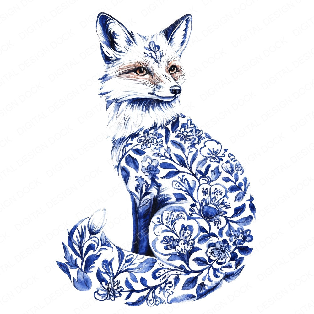 Delftware style Fox fussy cut sheet in US Letter format showing all 12 designs on one printable page