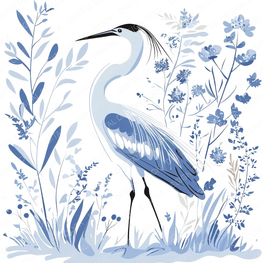 Delftware style Heron fussy cut sheet in US Letter format showing all 12 designs on one printable page