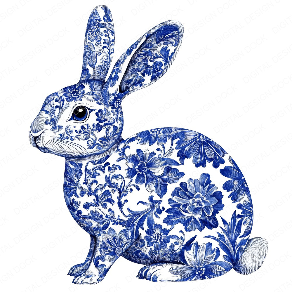 Delftware style Rabbit fussy cut sheet in US Letter format showing all 12 designs on one printable page