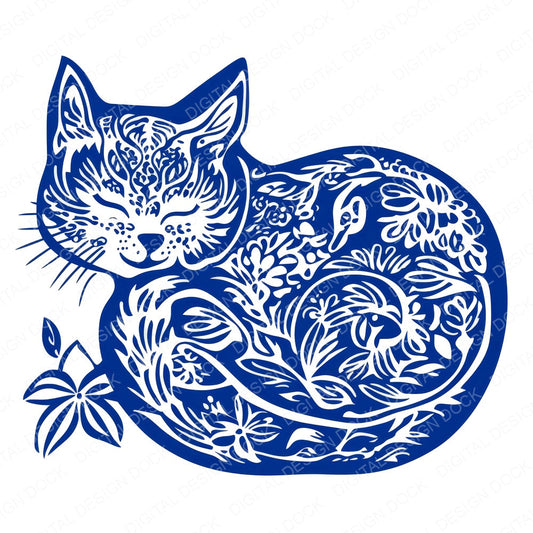 Delftware style Sleeping Cat fussy cut sheet in A4 format showing all 12 designs on one printable page