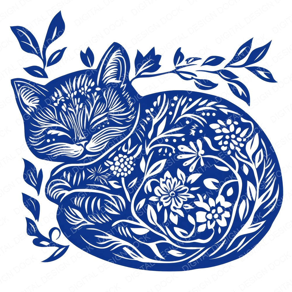 Delftware style Sleeping Cat fussy cut sheet in US Letter format showing all 12 designs on one printable page