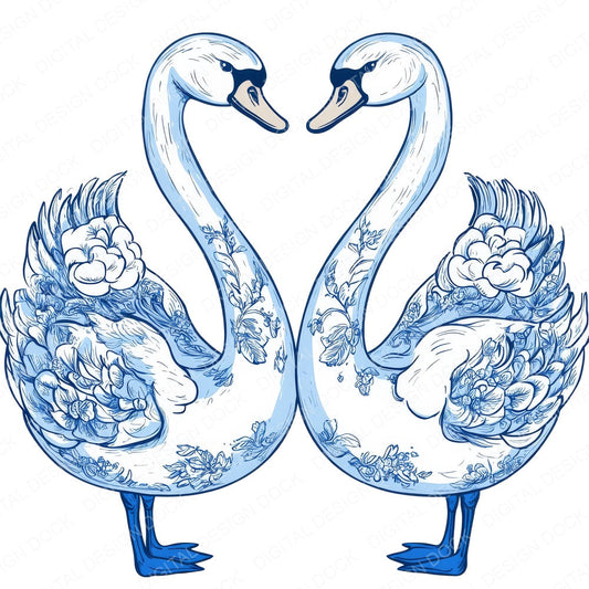 Delftware style Swan Pair fussy cut sheet in A4 format showing all 12 designs on one printable page