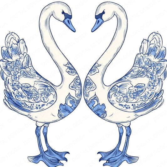 Delftware style Swan Pair fussy cut sheet in US Letter format showing all 12 designs on one printable page